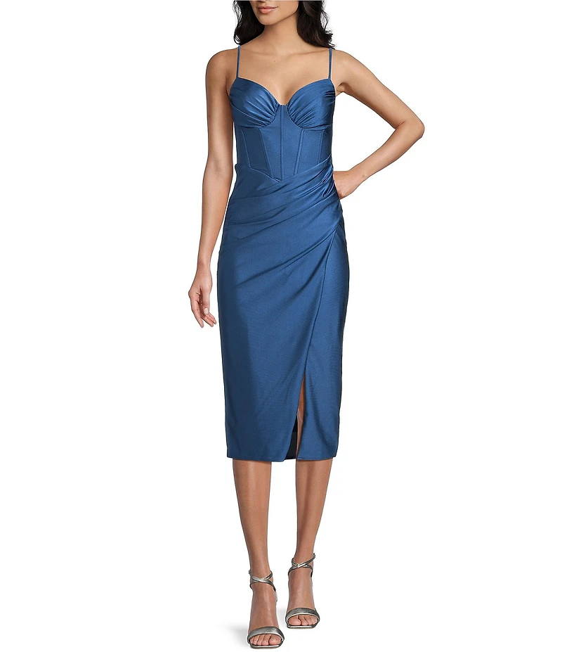 B. Darlin Sweetheart Neck Bustier Bodice Front Slit Midi Dress