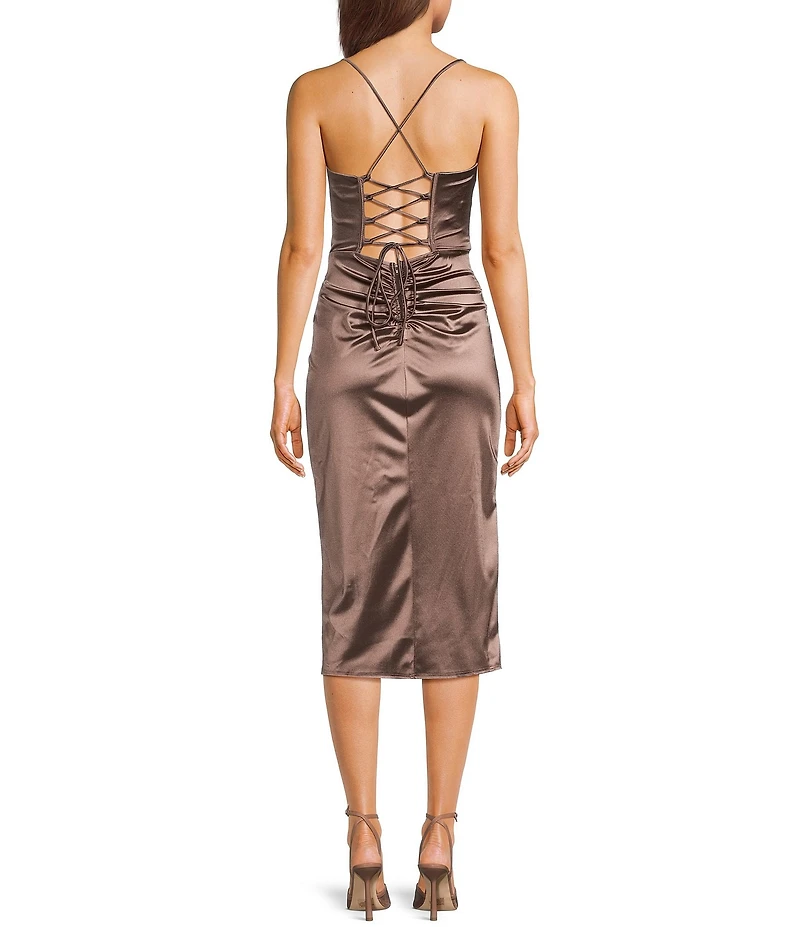 B. Darlin Sweetheart Neck Corset Lace Up Back Side Slit Midi Dress