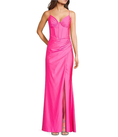 B. Darlin Sweetheart Neck Corseted Bustier Bodice Side Shirred Side Slit Dress