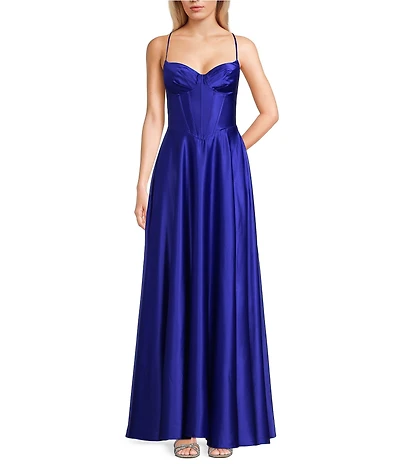 B. Darlin Sweetheart Neck Corseted Bustier Bodice Side Slit Dress