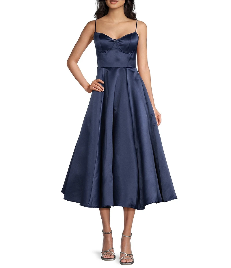 B. Darlin Sweetheart Neck Lace Trim Spaghetti Strap Midi Party Dress