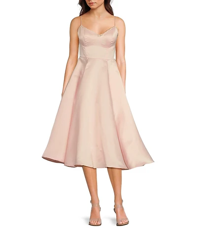 B. Darlin Sweetheart Neck Lace Trim Spaghetti Strap Midi Party Dress