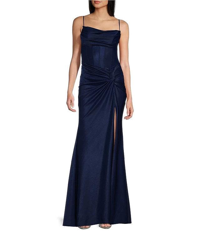 Juniors' Long Rainbow Sequin Dress With Cowl Neck & Lace-Up Back