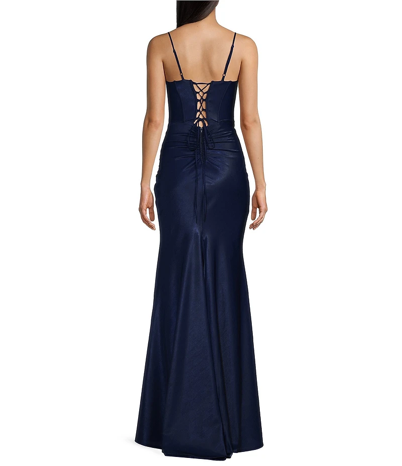 B. Darlin Sweetheart Neck Spaghetti Strap Twist Front Side Slit Lace Up Back Dress