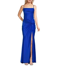 B. Darlin Sweetheart Neck Spaghetti Strap Twist Front Side Slit Lace Up Back Dress