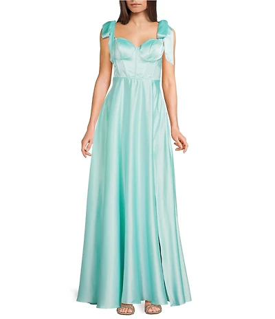 B. Darlin Sweetheart Neck Tie Shoulder Corseted Bodice Long Dress
