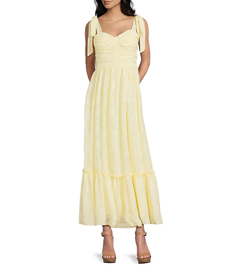 B. Darlin Sweetheart Neck Tie Shoulder Shirred Bustier Ruffle Hem Dress