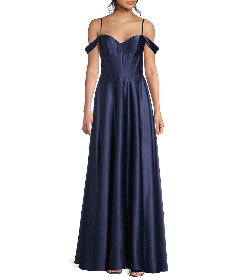 B. Darlin Sweetheart Off Shoulder Strap Front Slit A-Line Dress