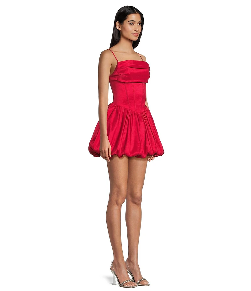 B. Darlin Taffeta Pleated Drape Neck Bustier Lace Up Back Bubble Dress