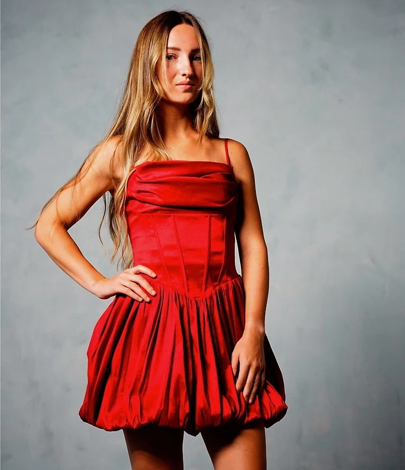 B. Darlin Taffeta Pleated Drape Neck Bustier Lace Up Back Bubble Dress