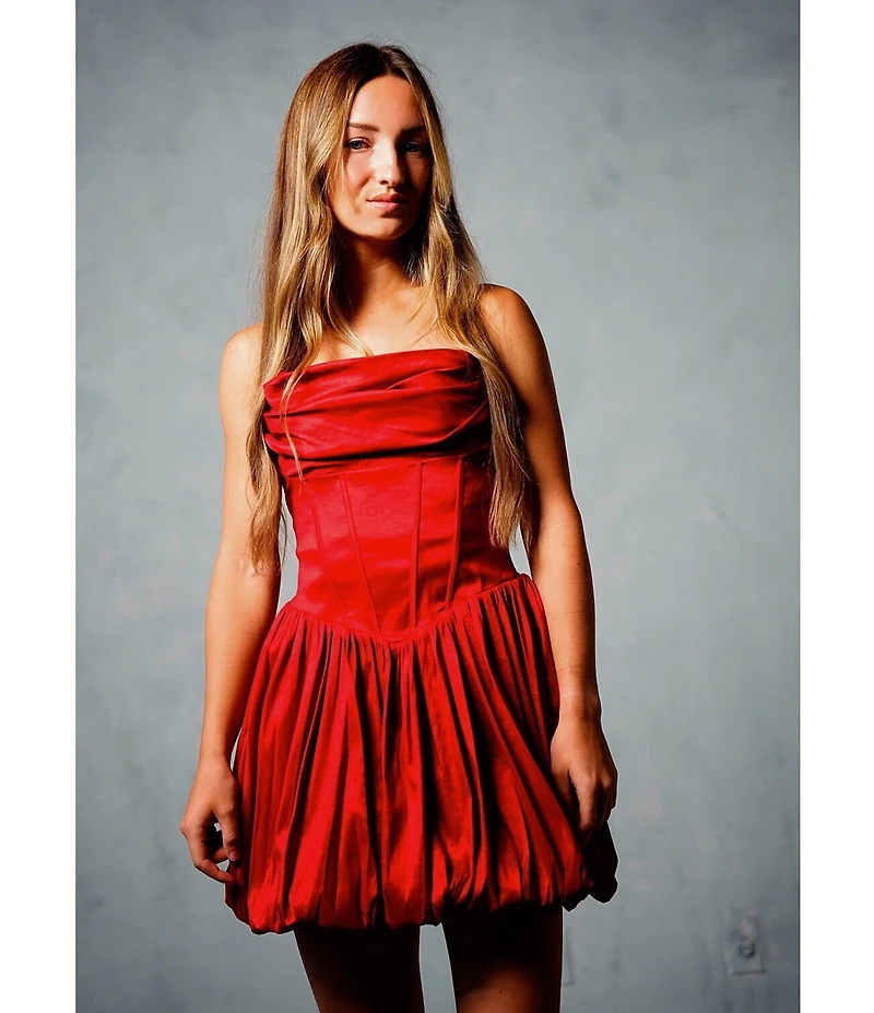 B. Darlin Taffeta Pleated Drape Neck Bustier Lace Up Back Bubble Dress