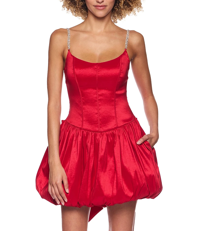 B. Darlin Taffeta Scoop Neck Bustier Rhinestone Strap Drop Waist Bubble Bow Back Dress
