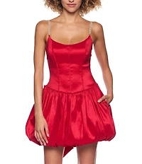 B. Darlin Taffeta Scoop Neck Bustier Rhinestone Strap Drop Waist Bubble Bow Back Dress