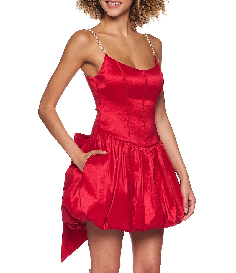 B. Darlin Taffeta Scoop Neck Bustier Rhinestone Strap Drop Waist Bubble Bow Back Dress