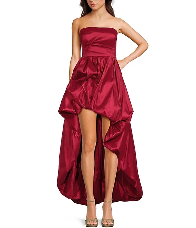 B. Darlin Taffeta Strapless Shirred Bodice Bubble Hem High-Low Dress