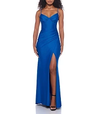 B. Darlin V-Neck Bustier Bodice Side Slit Ball Gown