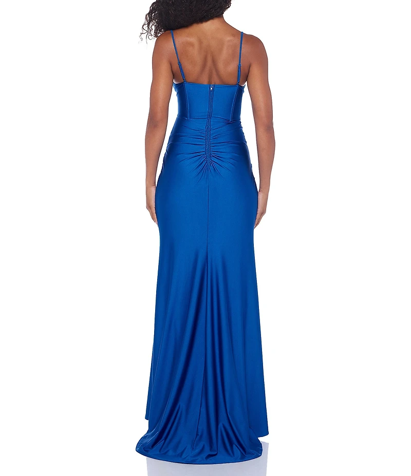 B. Darlin V-Neck Bustier Bodice Side Slit Ball Gown