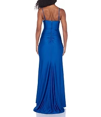 B. Darlin V-Neck Bustier Bodice Side Slit Ball Gown