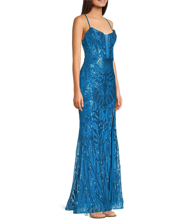 B. Darlin V-Neck Inset Spaghetti Strap Lace Up Back Dress