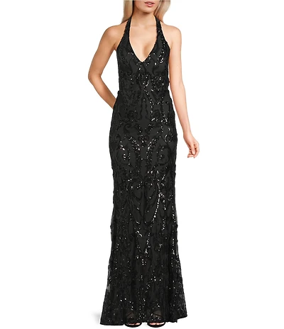 B. Darlin V-Neck Patterned Sequin Halter Dress