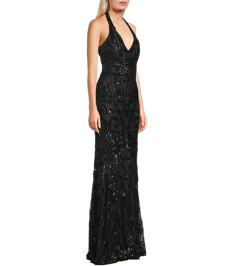 B. Darlin V-Neck Patterned Sequin Halter Dress