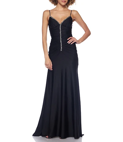 B. Darlin V-Neck Rhinestone Trim Shirred Lace Up Back Maxi Dress