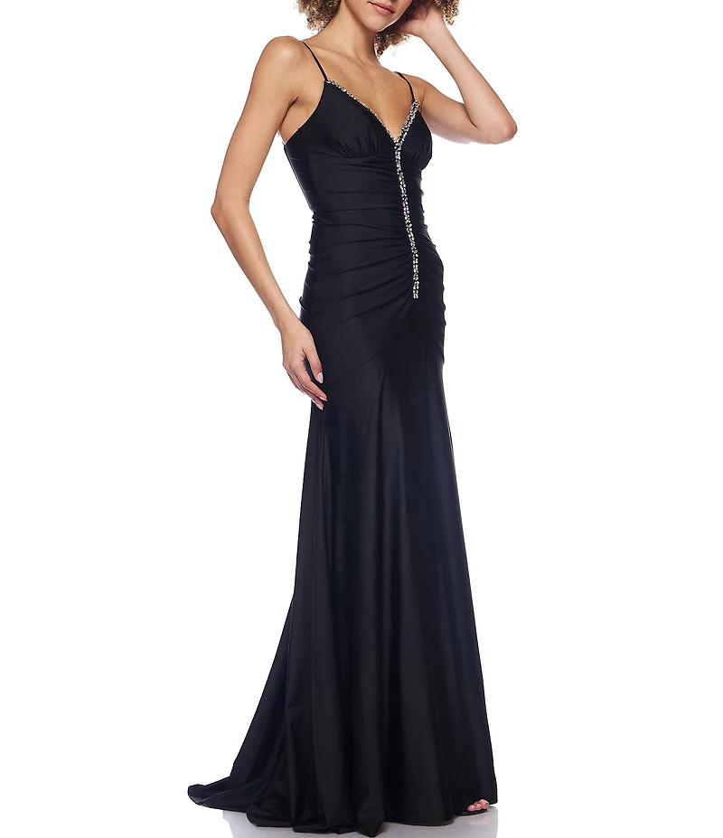 B. Darlin V-Neck Rhinestone Trim Shirred Lace Up Back Maxi Dress