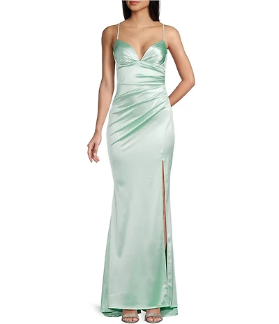 B. Darlin V-Neck Shirred Front Slit Long Satin Dress