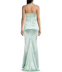B. Darlin V-Neck Shirred Front Slit Long Satin Dress