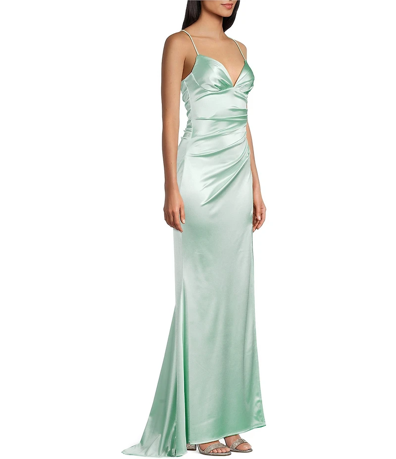 B. Darlin V-Neck Shirred Front Slit Long Satin Dress