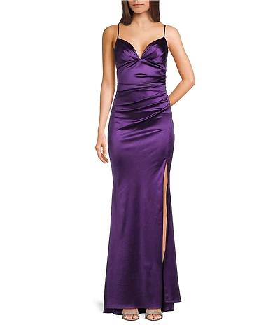 B. Darlin V-Neck Shirred Front Slit Long Satin Dress