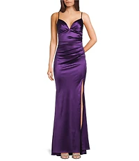 B. Darlin V-Neck Shirred Front Slit Long Satin Dress