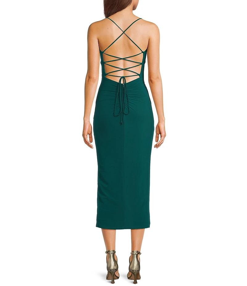 B. Darlin V-Neck Shirred Side Slit Lace-Up Back Midi Dress