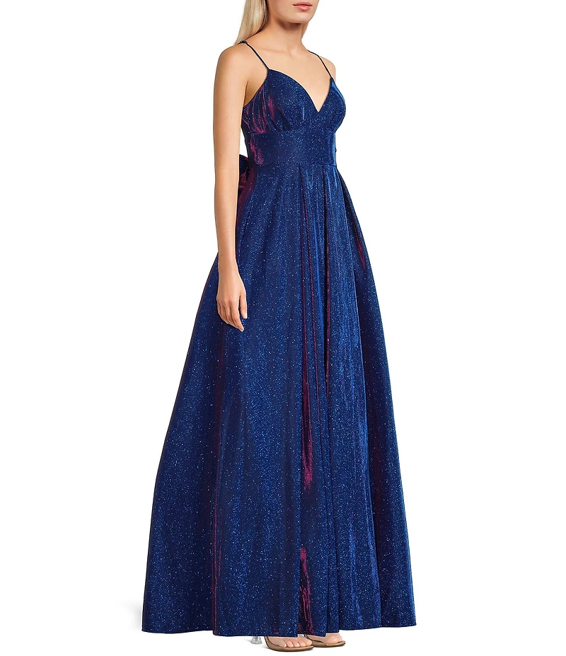 B. Darlin V-Neck Spaghetti Strap Bow Back Gown