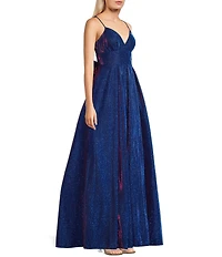B. Darlin V-Neck Spaghetti Strap Bow Back Gown