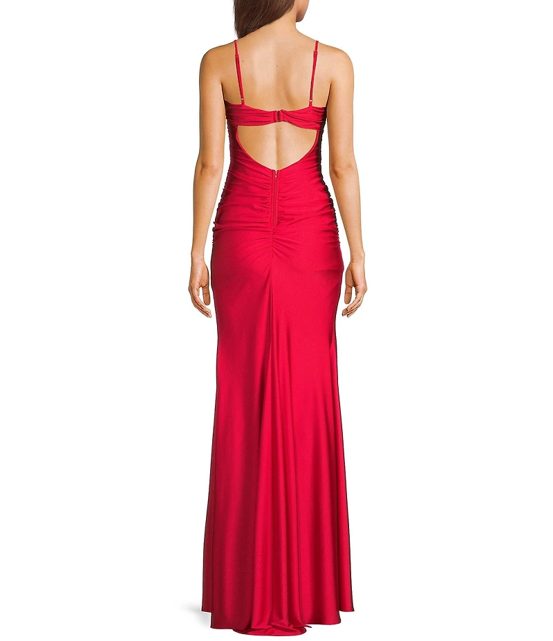 B. Darlin V-Neck Spaghetti Strap Shirred Side Slit Long Dress