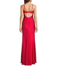 B. Darlin V-Neck Spaghetti Strap Shirred Side Slit Long Dress