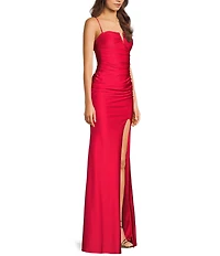 B. Darlin V-Neck Spaghetti Strap Shirred Side Slit Long Dress