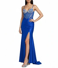 B. Darlin V-Neck Stone Embellished Illusion Corseted Side Slit Long Dress