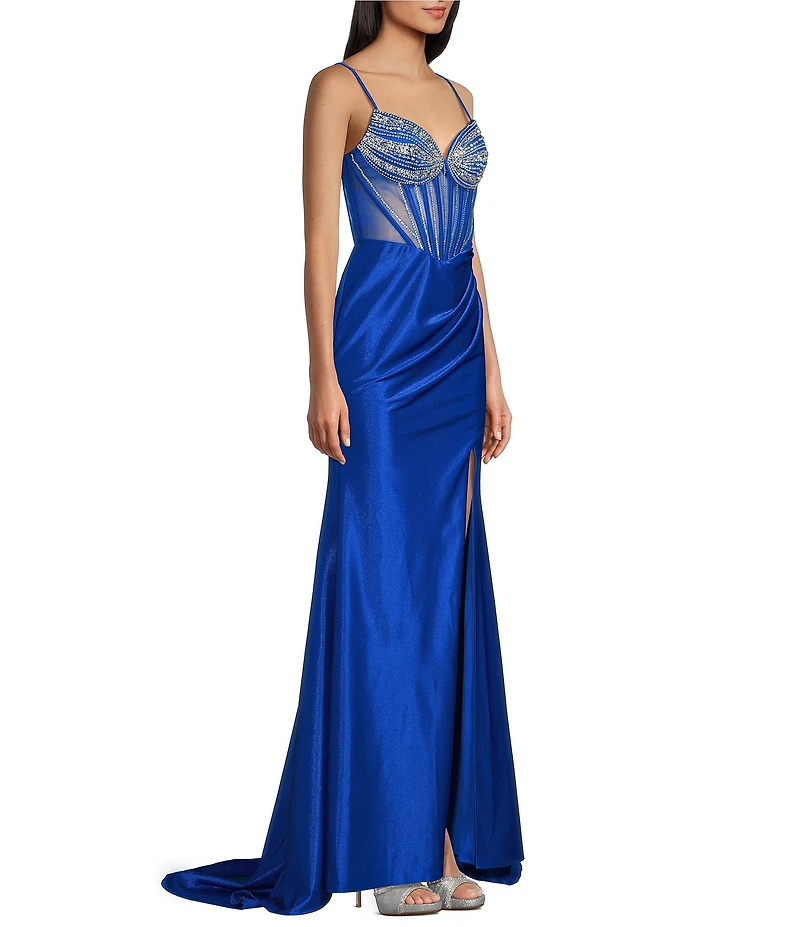 B. Darlin V-Neck Stone Embellished Illusion Corseted Side Slit Long Dress