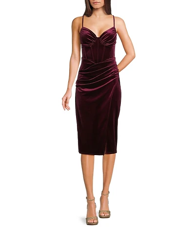 B. Darlin Velvet Bustier Bodice Front Slit Midi Dress