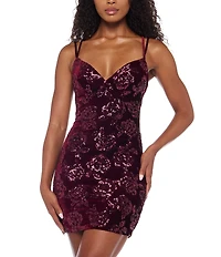 B. Darlin Velvet Floral Patterned Sequin V-Neck Criss Cross Lace Up Back Bodycon Dress