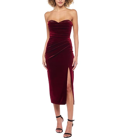 B. Darlin Velvet Stone Detailed Strapless Sweetheart Neck Pleated Side Slit Midi Dress