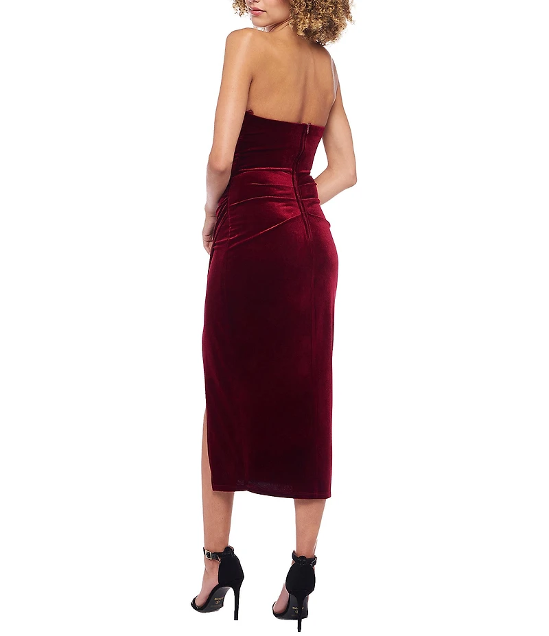 B. Darlin Velvet Stone Detailed Strapless Sweetheart Neck Pleated Side Slit Midi Dress