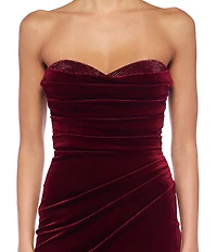 B. Darlin Velvet Stone Detailed Strapless Sweetheart Neck Pleated Side Slit Midi Dress