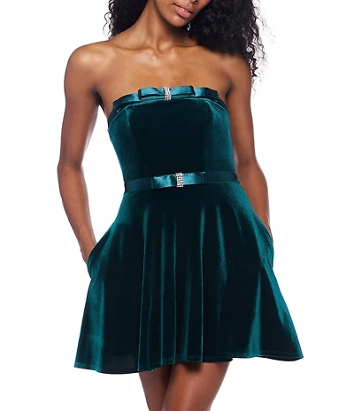 B. Darlin Velvet Strapless Rhinestone Double Bow Front Fit & Flare Dress