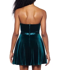 B. Darlin Velvet Strapless Rhinestone Double Bow Front Fit & Flare Dress