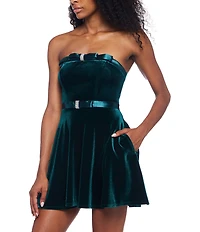 B. Darlin Velvet Strapless Rhinestone Double Bow Front Fit & Flare Dress