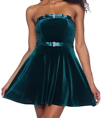 B. Darlin Velvet Strapless Rhinestone Double Bow Front Fit & Flare Dress