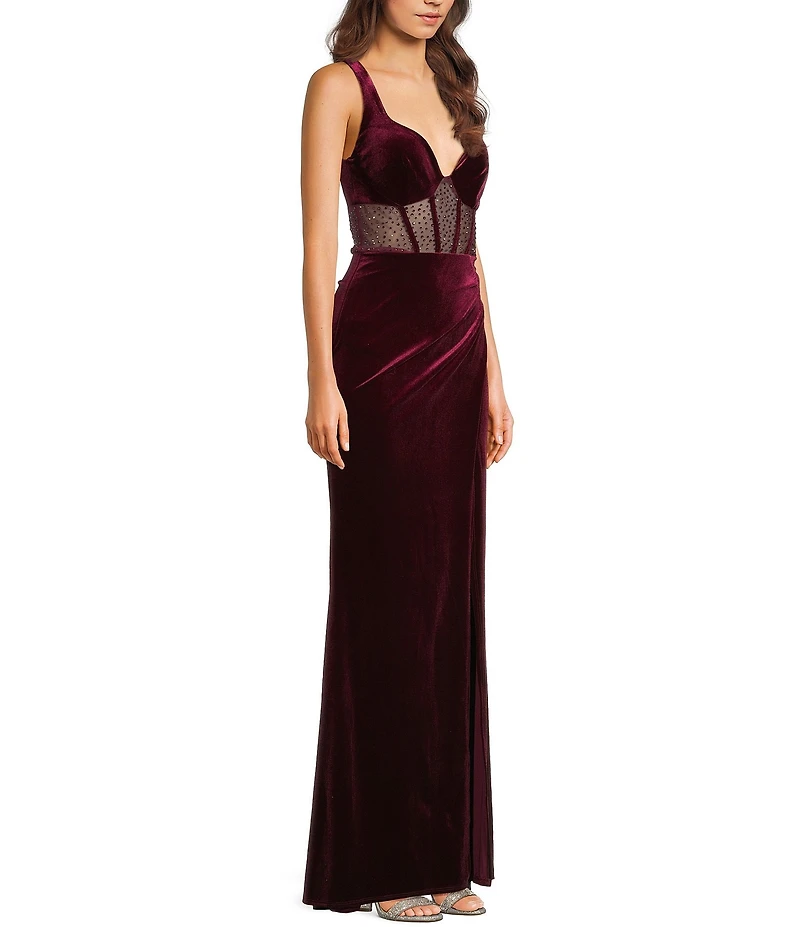 B. Darlin Velvet V-Neck Stone Embellished Illusion Bodice Side Slit Dress